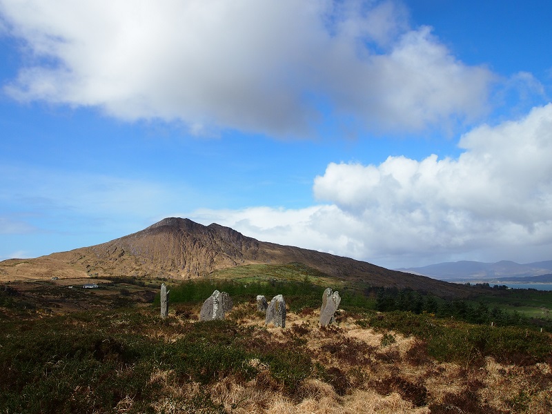 Superb Beara stone circle with the dramatic scenery of Knockatee mountain in the background. The site has unrepeatable location, although it is truly hard to reach. The circle can be seen in the distance from the small Drombohilly route. Stop by the single house, above the small lake, east from the Knockatee. There is the little menhir called Lehid just next the house. The owners of the land has a