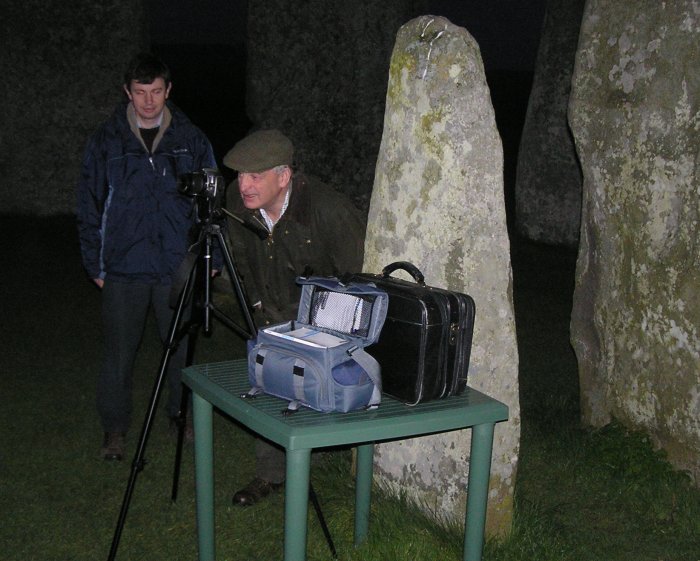 Jack Morris-Eyton and son setting up his time-lapse photography equipment at a research session at Stonehenge, March 2005. Photo by Andy B.