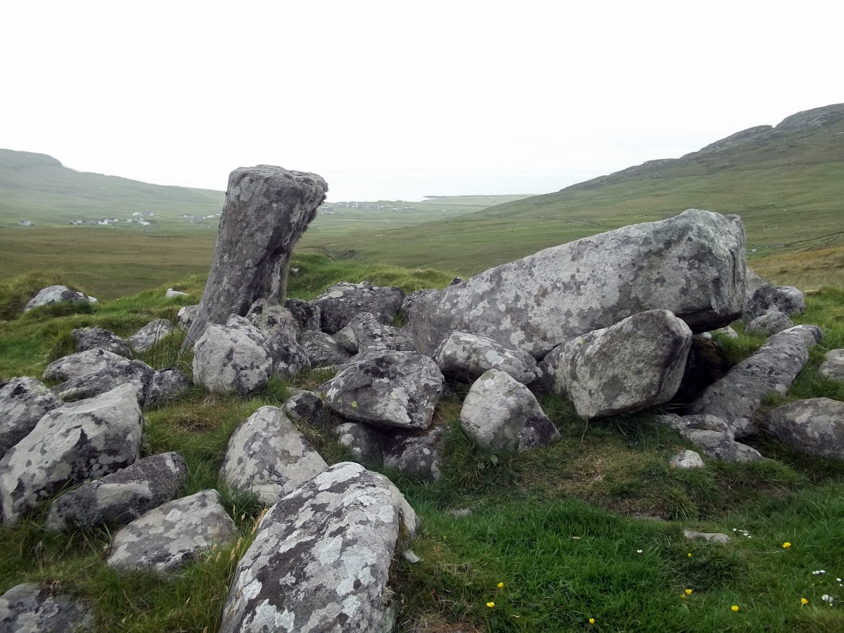 Balnacraig Cairn cist looking W to Borve in the background.