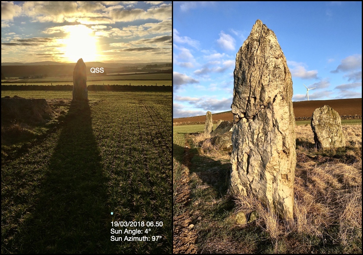 Balquhain Quartz Standing Stone shadow SH2: the Spring sunrise highlighted the QSS shadow length and shape, but what about its direction? My calculations suggest; in the week after the winter solstice 22-28 December 2022, a sunrise with a sun angle 4° would align with the QSS azimuth 147° at 09:45 +/-20 minutes. The QSS shadow would point and mark the centre of the RSC. The quartz would symbolise the even