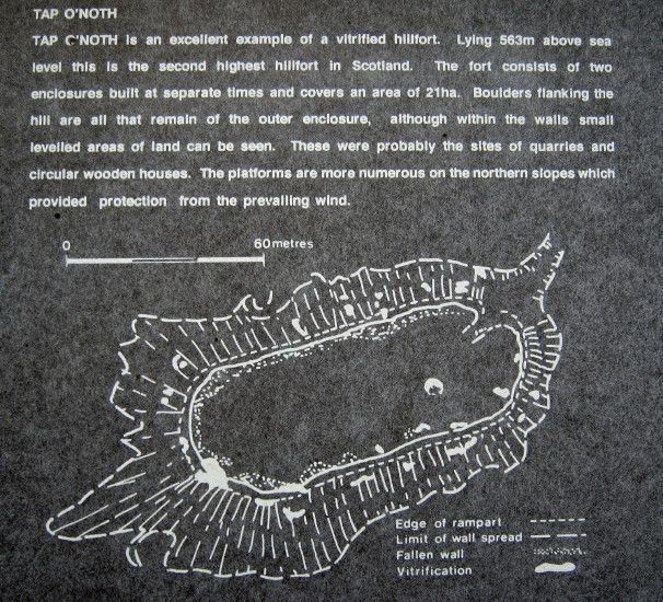 Part of the informative site sign at the car park 2 km west of Rhynie village.  The site plan shows areas of the ramparts which have been vitrified.  September 2012.