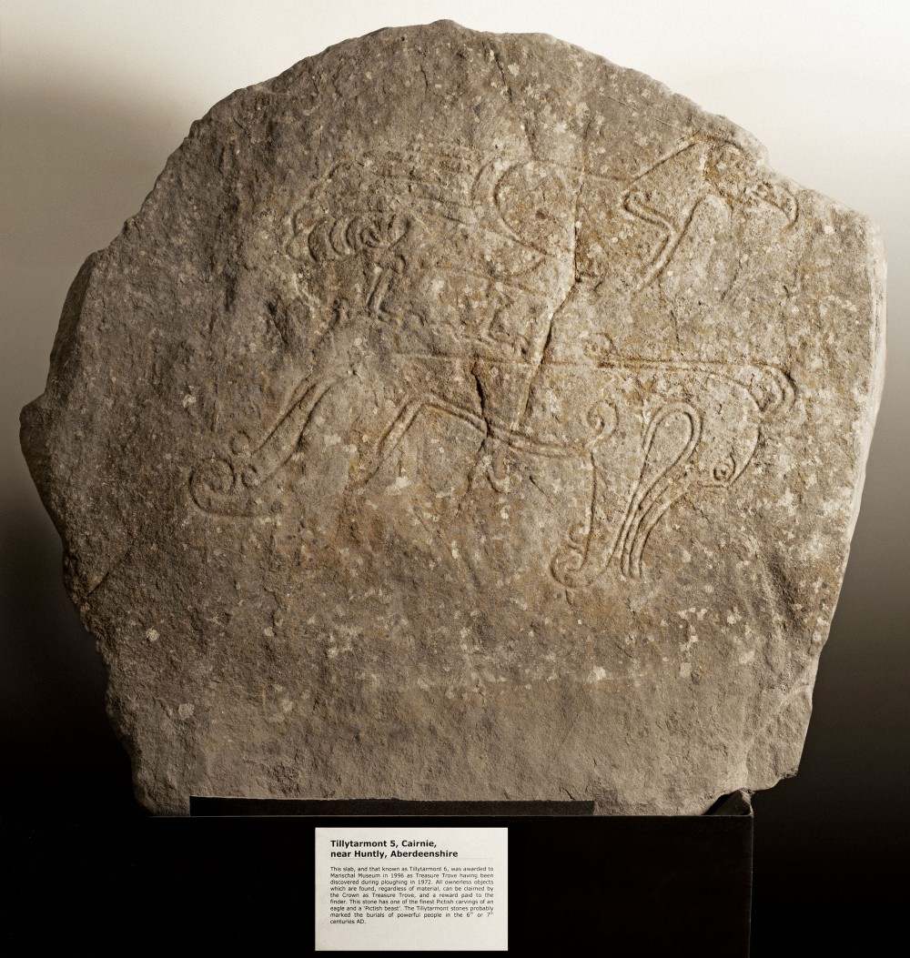 King's Museum This stone is one of five early Pictish stones found in a narrow strip of land that lies between the rivers Isla and Deveron. Burial cairns were found nearby, and it has been suggested that the symbols may have been used to indicate who lay in the graves.
Tillytarmont, where it was found, was probably a sacred place used for funerals and other gatherings, with the ‘tarmont’ part of the name