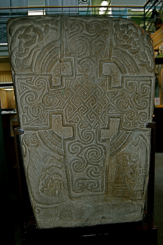 This is a 'Class II Pictish Symbol Stone', located in Montrose Museum, Montrose, Angus. The stone was found in the burial-ground of St Braoch's Church, and is also knows as the Samson Stone.  This is the 