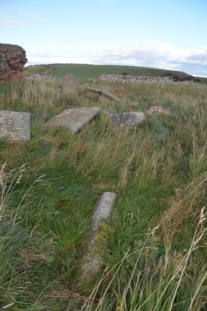 St. Helen's on the Lea (Old Cambus) Standing just to the south east of the east gable wall of the church, looking towards Siccar Point, trying to show the stone in relation to the ruined walls of the nave (towards the top left of the photo) and the jumble of grave markers and chest tombs to the west.