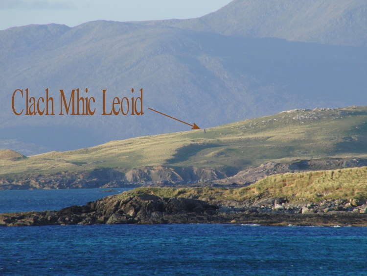 The location of Clach Mhic Leoid as seen from the Sacrista Stone.  As can be seen, it is by no means on the top of the hillside.

Date of visit: 8 May 2011