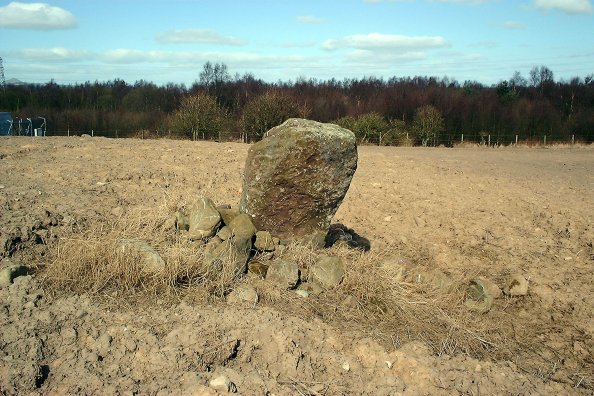 Earlseat NT319974
From the outskirts of Kirkcaldy, turn east along the A915, known locally as the Standin' Stane road, towards Leven. Earlseat farm is just to the north of the road, and the stone there can easily be seen from the road.
This stone is a block of sandstone, around 4-1/2 feet tall, oriented approximately E-W. There are no visible cup marks on it. It's not very spectacular, but is in a ni