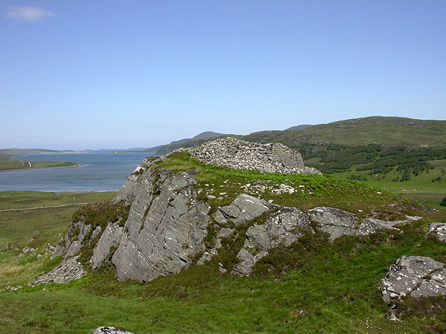 Broch at the head of the Kyle of Tongue.

This broch has the best view of any I know of. It sits atop a small outcrop with fine views up the kyle and across to Ben Loyal. This site, the cup marked stone and symbol (abstract) stone across the glen can visited while enjoying a pleasant circular cycle trip around the Kyle.

Also of interest are the large garnets that  can be seen in the schist as