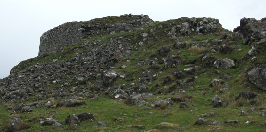 Dun Beag is the best known, the best preserved, and the most accessible broch on the Isle of Skye. It is accessible from the main Dunvegan-Sligachan road, where there is a small car park, a signpost, and an information panel. From there, it is a short and easy walk up a slope to the remains of the broch. 