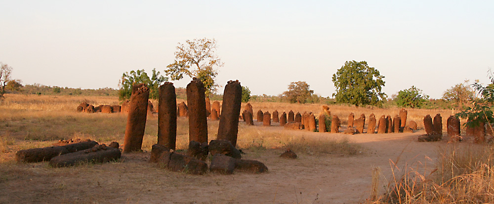 The six northernmost circles at this site are arranged in a linear manner on a NW-SE axis. These are the circles at the rear of this photo. Within each circle the standing stones are of a similar height, and are made from laterite, a local sandstone that is soft to work when first dug out of the ground, but which hardens on exposure to air. The four nearer tall stones feature on roadside advertise