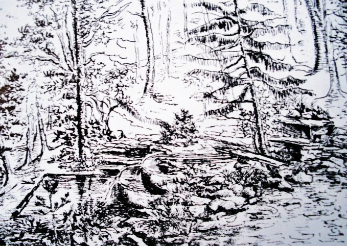 Drawing by Augusta, Lady Llanover 1802-96, showing Ffynnon Gofer (St Gofer's holy well) in the grounds of Llanover House (now Llanover Park).

The other eight wells all converge and eventually flow down into a large basin or pool.