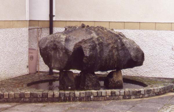 The water feature based on Lligwy burial chamber at Oriel Ynys Mon.