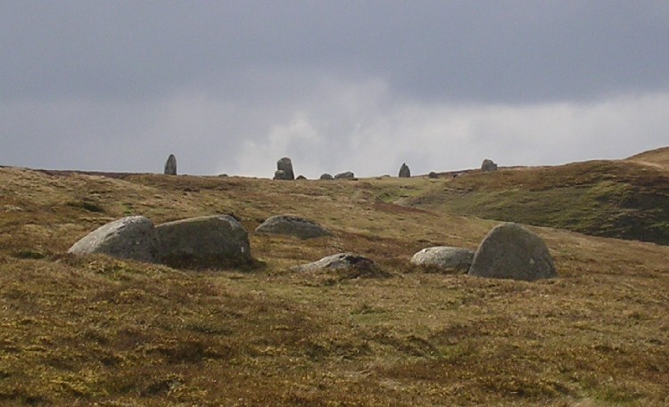 This picture shows the ring of the five stones which make up Circle 275, just behind is the outlier stone, and on the horizon is Druids Circle.

This area is a veritable wonder for the megarak; well worth the visit.