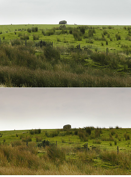 Site 4: The Illusion.

Another puzzle - was there a relationship between Stones 1 and 2 ? On my next visit I walked from the burial chamber towards The Stone and this double photograph shows there is a relationship. The one seems to merge into the other, a beautiful megalithic illusion. Imagine the time and effort required to create this.