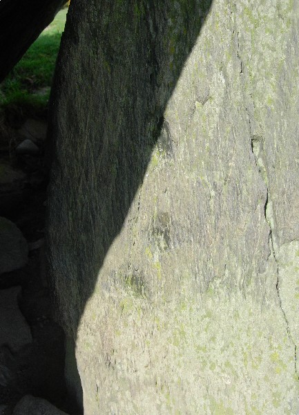 Caer-Dyni Cupmarks? 3 concave indentations in this picture, another 2 further down off picture. Burial chambers on the Lleyn Peninsula do have a strong precedent of cupmarks. Apologies for the strong light / dark line - not a lot I could do about it on a day like this!
