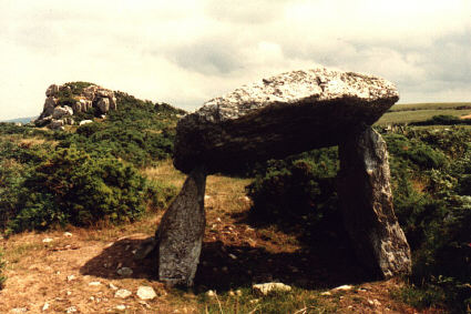 Ffyst Samson neolithic chamber (SM 906 349) is otherwise known as Trellys, St. Nicholas. It is bizarre in appearance, consisting of a capstone apparently delicately balanced on just two tall pointed supporting stones. Although difficult to reach, the effort required is worthwhile!