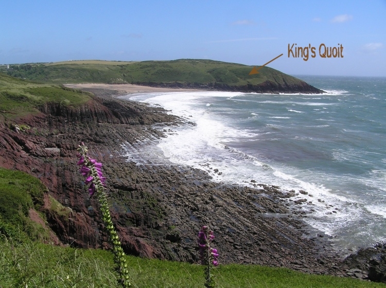 King's Quoit, Manorbier, from across the bay! 

To help explain I think that why the upright line of stones alongside King's Quoit have not been put there by whoever constructed the Quoit, this picture clearly shows how the layers of rock in the bay are vertical.  The ORS 'Old Red Sandstone' joint I have found described in artilces on the geology of the bay passes alongside King’s Quoit, takin