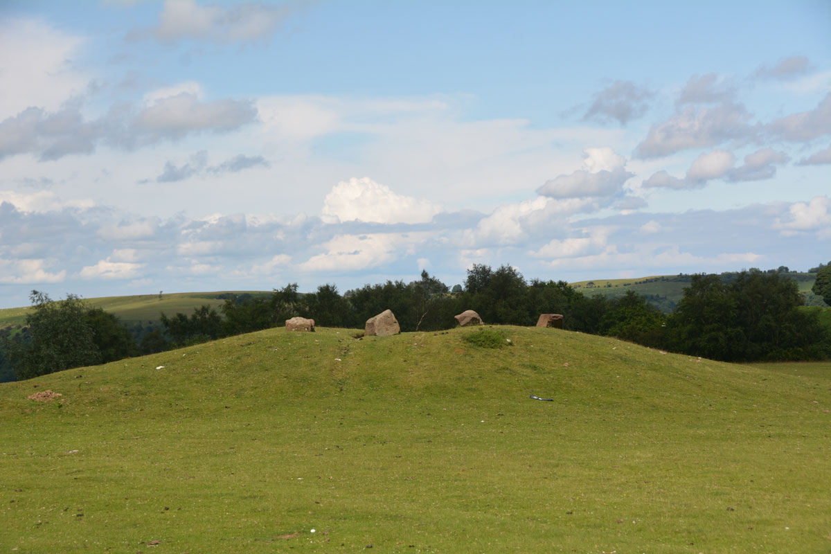 Standing on the side of the road, looking north over the barrow. The stones are to stop people driving over the barrow. 