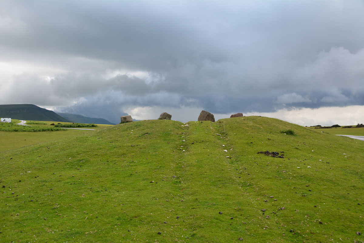 Standing directly north of the barrow, looking south, towards the remains of the Blaenau stone circle, still some way further south. 