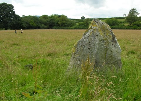 A fine standing stone in a meadow, with one side faced with quartz. Very prominent white flash from the western approach. Access by footpath through farmyard and farmland; footpath crosses drainage ditch with no bridge, and is followed by overgrown stile - possibly very hard to access after heavy rain. Care needed. A very peaceful spot; lots of field clearance in surrounding fields. Seems obvious 