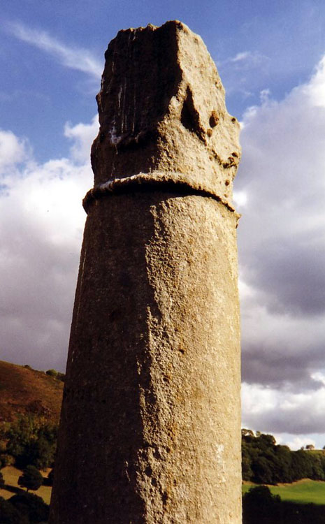 The Pillar of Eliseg near Valle Crucis Abbey (SJ 203445).  The last king of Powys had this stone erected before he died in 854.  The long and now very faint inscription gives his descent from Vortigern (see Dinas Emrys)