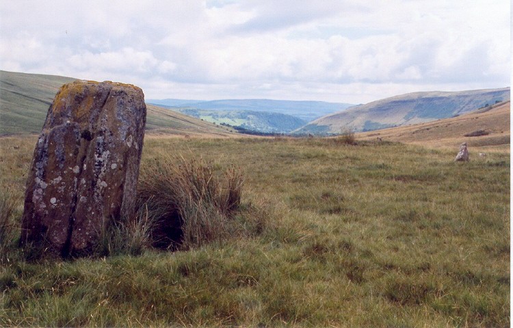 Cerrig Duon circle, whose small stones border the edge of the southern semi-circular end of a platform in the Afon Tawe valley, a few metres to the south of Maen Mawr (nearest camera).  To the right of pic is one of the larger stones in the WNW arc.